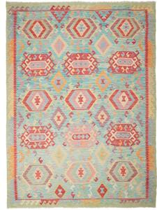 Tappeto Kilim Geometrico Azzurro Rosso Mattone 205x282 Cm