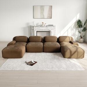 Divano modulare a forma di "U", senza necessità di montaggio, realizzato in tessuto corduroy, dimensioni 388x178x70 cm, colore marrone. Angolo relax ideale per chi ha animali domestici, con ampi braccioli
