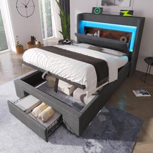 Letto imbottito 90x200 cm, grigio, rivestito in lino, con spazio contenitore a sollevamento idraulico, testiera con vano portaoggetti, prese USB e USB-C, ideale per la camera da letto