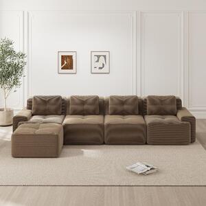 Divano modulare a forma di L, con chaise longue, per 4 persone, rivestito in tessuto Cord color marrone, con seduta profonda di 74 cm, design minimalista a filo pavimento, dimensioni 382x177x69 cm