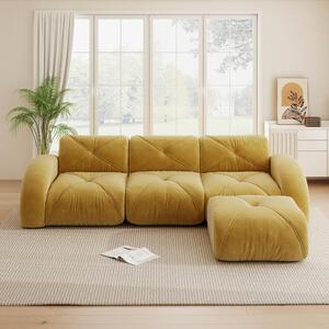Divano modulare a forma di L, giallo, divano a tre posti senza necessità di montaggio, realizzato in tessuto chenille. Design senza struttura, con poggiapiedi e base antiscivolo, dimensioni 281x171x76 cm