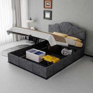 Letto imbottito 180x200 cm color beige, con 4 cassetti, funzione di ricarica USB e di tipo-C integrata nella testiera, rivestito in lino e con dettagli dorati