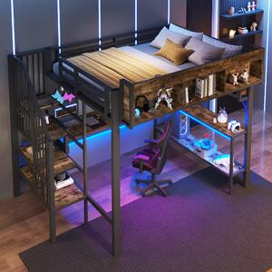 Letto a soppalco 140x200 cm, stile vintage, color marrone-nero, realizzato in MDF e ferro, con scrivania angolare, spazio contenitivo, porta USB di tipo C, presa di corrente e illuminazione a LED