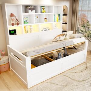 Letto imbottito 160x200 con spazio contenitore, funzione di ricarica USB e Type C, rivestito in tessuto corda color beige-bianco, con struttura che include una lampada da lettura e una mensola integrata nella testiera