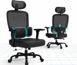 Sedia da ufficio ergonomica, regolabile in altezza, per l'home office con supporto lombare a 3 livelli, braccioli 3D e poggiatesta 2D, nera