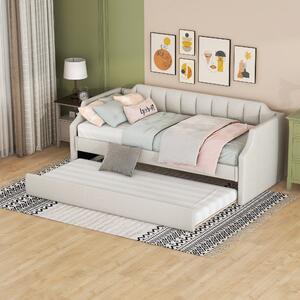 Divano letto 90x190 cm, estendibile a 180x190 cm, con struttura imbottita in tessuto di lino color grigio chiaro, dotato di spazio contenitivo, illuminazione LED, porta USB, rete a molle e 2 materassi a molle