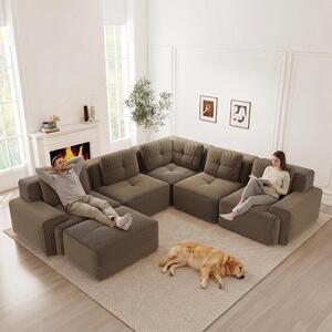Divano angolare modulare in tessuto cord, divano a 5 posti con poggiapiedi, divano basso senza struttura in colore marrone, dimensioni 295x295 cm, adatto agli animali domestici