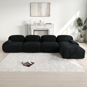 Divano angolare nero a 4 posti, divano modulare con chaise longue, divano in corda senza struttura, dimensioni 388x178x70 cm, imbottitura 32D, ideale per il soggiorno