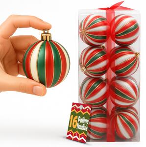 Box 16 Palline di Natale per Albero Sfere Natalizie Bianco Rosso e Verde da 8 cm
