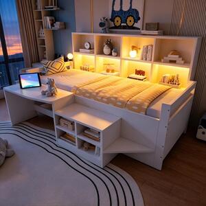Letto a una piazza e mezza (90x200 cm) bianco, realizzato in legno di pino, compensato e MDF, con scrivania integrata, spazio contenitivo, striscia LED e prese USB