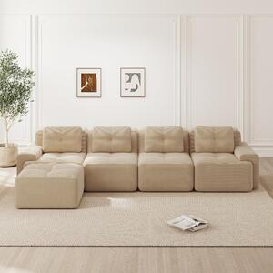 Divano modulare a forma di L, corda beige, quattro posti. Divano "Boneless" per il soggiorno, con chaise longue e seduta profonda. Montaggio non richiesto. Dimensioni: 382x177x69 cm