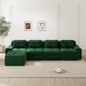 Divano modulare a forma di L con chaise longue, divano verde in tessuto, divano "cloud" basso con seduta profonda di 74 cm, completamente smontabile, dimensioni: 382x177x69 cm