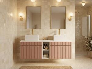 Mobile bagno sospeso scanalato con nicchie e doppio lavabo da appoggio quadrato Rosa L140 cm - SATARA