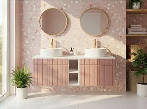 Mobile bagno sospeso scanalato con nicchie e doppio lavabo da appoggio rotondo Rosa L140 cm - SATARA