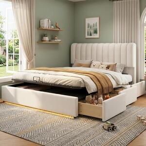 Letto imbottito 140x200 cm, color beige, rivestito in velluto francese, con spazio contenitore, 3 cassetti e striscia LED, ideale per la camera da letto