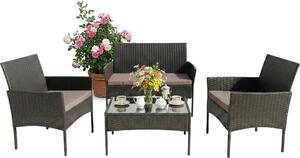 Set di mobili da giardino Relaxdays, set da salotto in rattan da 4 pezzi, per 4 persone, panca, poltrona e tavolo in vetro, mobili da relax, da esterno, nero