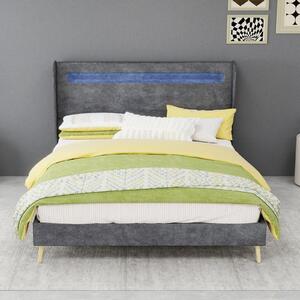 Letto imbottito 90x200 cm, color beige, in cotone, con spazio contenitore a sollevamento idraulico, illuminazione LED e porta USB di tipo C integrata nella testiera, ideale per la camera da letto