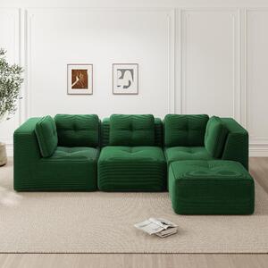 Divano angolare modulare a forma di L, con poggiapiedi, divano in corda, colore verde, 3 posti, con seduta profonda, struttura senza telaio, dimensioni 297x177 cm