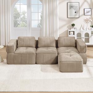 Divano modulare a forma di L, per 3 persone, senza struttura a vista, con poggiapiedi, rivestito in poliestere color sabbia, dimensioni 271x162x67 cm, imbottitura in schiuma 32D, capacità di carico fino a 750 kg