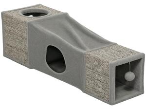 PawHut Tunnel per gatti da interno, con palla sospesa, ingressi multipli, in sisal 98 x 30 x 30 cm Grigio | Aosom Italy