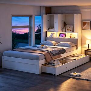 Letto imbottito 160x200 cm con spazio contenitore, 2 comodini, luce da lettura, porte USB e Type-C, rivestito in velluto color beige, struttura del letto con rete a doghe, ideale per la camera da letto