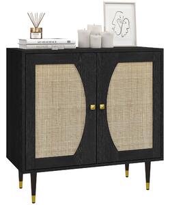 HOMCOM Buffet da cucina mobiletto di archiviazione design bohémien a doppia anta con 2 livelli, frontale in rattan 80 x 38 x 79 cm nero