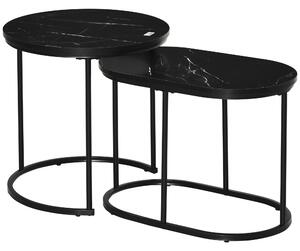HOMCOM Set 2 Tavolini da Caffè con Piano Effetto Marmo, in Legno e Acciaio, Ø50x50.5 cm e 60x36x43.5 cm, Nero | Aosom Italy