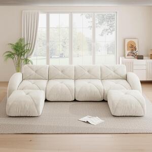 Divano modulare a forma di U, con 4 posti, senza struttura, color beige chiaro, in tessuto chenille, completo di 2 poggiapiedi, design antiscivolo, non richiede montaggio