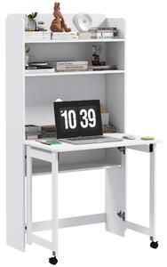 HOMCOM Scrivania per computer con scaffali per archiviazione piano ribaltabile 2 ruote per camera soggiorno 80 x 69 x 153 cm bianco