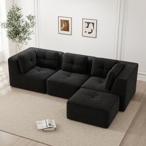 Divano angolare modulare Cord nero, divano a forma di L con poggiapiedi, divano da soggiorno a 3 posti con seduta profonda, design minimalista senza struttura a vista, dimensioni 297x177x69 cm