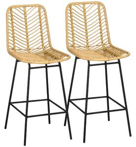 HOMCOM Set di 2 sgabelli da bar design bohémien Altezza 66 cm con poggiapiedi in metallo e midollino PE - naturale