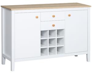 HOMCOM Buffet mobile da cucina con 2 cassetti, 2 porte ripiani regolabili e portabottiglie per 9 bottiglie, bianco