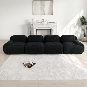 Divano angolare modulare senza struttura, divano a 4 posti rivestito in tessuto cord nero, dimensioni 388x103x70 cm, imbottitura in schiuma ad alta densità (32D), ideale per chi ha animali domestici