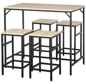 HOMCOM Set Tavolo da Bar Industriale + 4 Sgabelli Poggiapiedi in Legno colore Rovere Chiaro Telaio in Metallo Nero