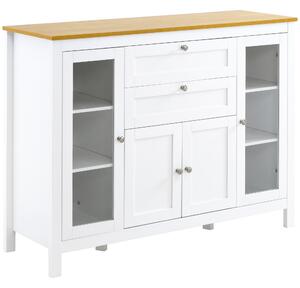 HOMCOM Buffet Sala da Pranzo con 2 Porte Vetrate 120 x 40 x 90 cm Ripiani Regolabili 2 Cassetti 1 Armadio Legno Naturale e Bianco