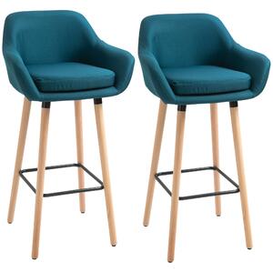 HOMCOM Sgabelli da Bar Design Scandinavo - Set di 2 Sgabelli da Bar Grand Confort con Poggiapiedi e Braccioli - Legno Massiccio Lino Blu