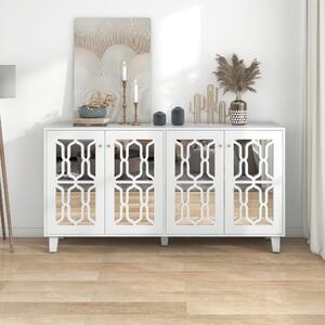 Credenza Bianca con Specchio e Maniglie di Cristallo, 4 Ante, Ripiano Interno Mobile, Design Coordinato, per Soggiorno e Sala da Pranzo, Bianco|Aosom