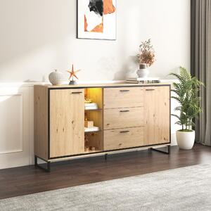 Credenza Moderna in Legno con Tre Cassetti, Due Ante e Ripiani, Nero e Color Legno Naturale|Aosom