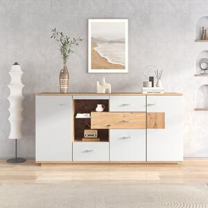 Credenza moderna con Ampio Spazio portaoggetti, Illuminazione a LED, 2 Ante, 4 Cassetti, Ripiano in Vetro, color Legno