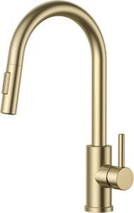 Miscelatore da cucina con doccetta estraibile, design ad arco alto, girevole a 360°, finitura oro spazzolato