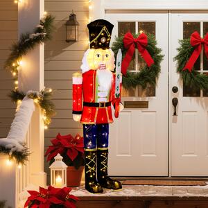 Costway 157 cm soldato schiaccianoci luminoso per decorazione esterna, Decorazione natalizia 3D pre-illuminata con spada glitterata