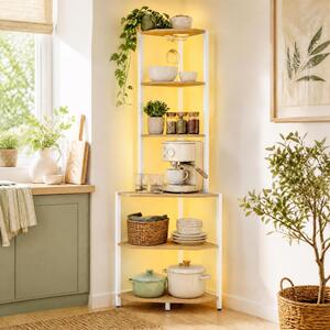 Costway Scaffale angolare a 6 ripiani 165 cm illuminazione a led regolabile, Mobile multiuso per cucina soggiorno e camera da letto Naturale