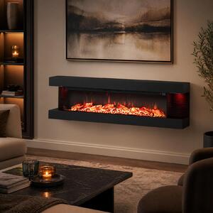 Costway Camino elettrico da parete/terra su 3 lati con 12 colori di fiamma, Caminetto decorativo da parete con luci led e timer 1-8h 152,5 x 20,5 x 42 cm