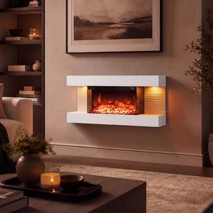 Costway Camino elettrico da parete/terra su 3 lati con 12 colori di fiamma, Caminetto decorativo da parete con luci led e timer 1-8h 82 x 20,5 x 42 cm Bianco