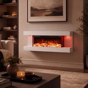 Costway Camino elettrico da parete/terra su 3 lati con 12 colori di fiamma, Caminetto decorativo da parete con luci led e timer 1-8h 101,5 x 20,5 x 42 cm Bianco