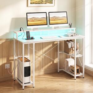 Costway Scrivania per computer con stazione di ricarica e luci mensola ripiani reversibili, Tavolo pc per studio e gaming in legno e acciaio Bianco