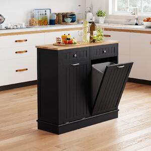 Costway Isola da cucina con cestini ribaltabili doppi per pattumiera piano legno caucciù tagliere 2 cassetti, Mobile contenitore per cucina lavanderia Nero