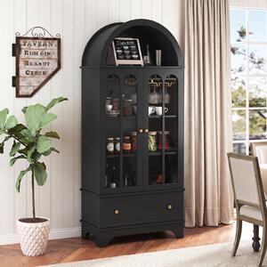 Costway Mobile credenza ad arco da cucina con cassetto ante in vetro temperato portabicchieri, Portabottiglie per sala da pranzo Nero
