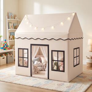 Costway Tenda per bambini da interno con recinzione con tappetino morbido luci decorative, Tenda da gioco a forma di casetta per bambini 3+ anni Beige