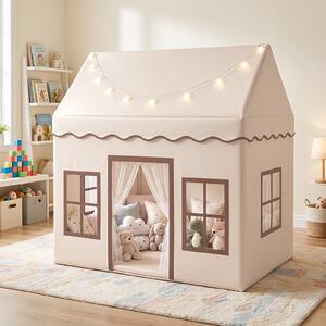 Costway Tenda per bambini da interno con recinzione con tappetino morbido luci decorative, Tenda da gioco a forma di casetta per bambini 3+ anni Marrone